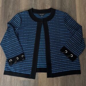 Ming Wang open front knit jacket women's size L large ribbon grommet blue black
